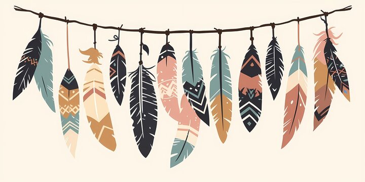 Hanging colorful boho feathers garland on a string. Tribal ethnic decorative elements set. Ornament for interior wall decor, fashion design, greeting card, boho wedding party. Banner with copy space