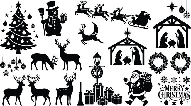 Black and white christmas holiday icons set