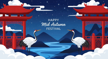 Fototapeta premium Mid autumn festival background with cranes and traditional gates