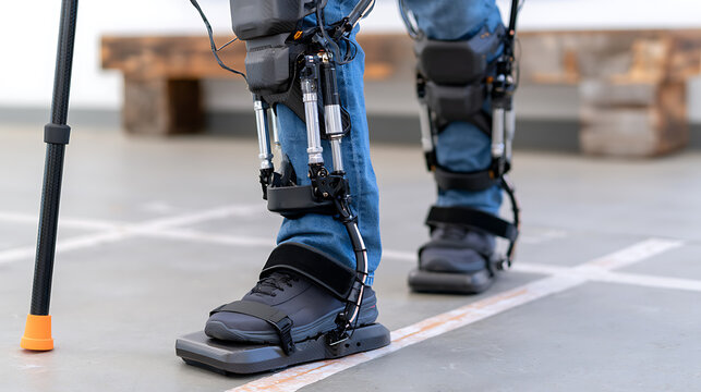 Person wearing advanced robotic exoskeleton and using a cane, demonstrating rehabilitation and support technology for improved mobility and independence