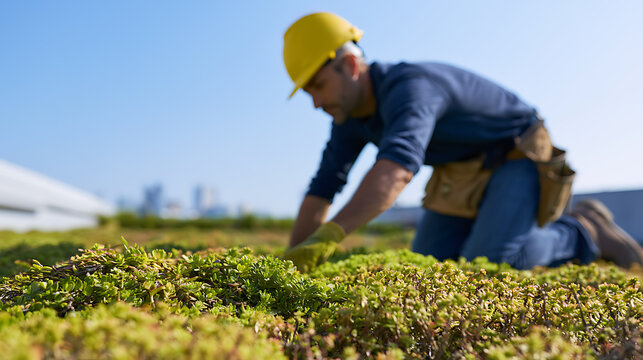 Skilled worker in yellow hard hat install green roof plants, focus on vibrant green ground cover, blurred city skyline background, daytime