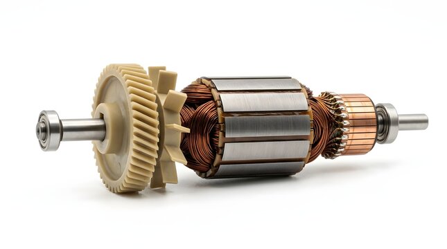 Electric motor armature rotor with copper windings on white background.