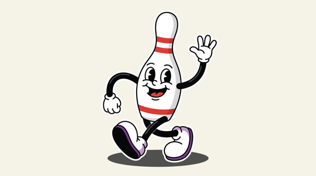 Cartoon bowling pin character waving happily.