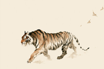 Fototapeta premium Traditional Japanese sumi-e ink style painting of a walking tiger on paper background, Generative AI image 