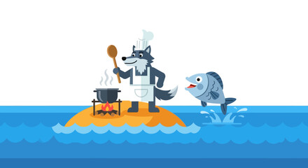 Obraz premium Wolf Chef Cooking Fish on Island