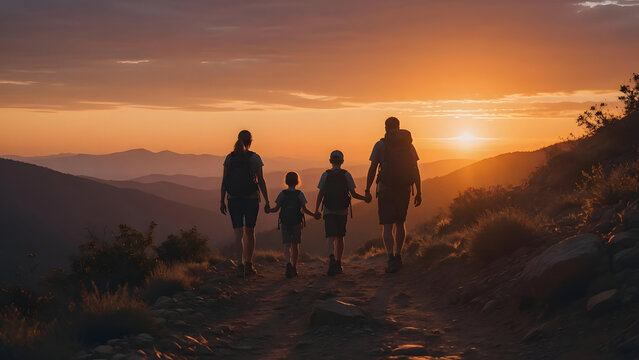 Family Hike at Sunset: A silhouette of a family, parents and two children, holding hands as they walk on a mountain trail during a breathtaking sunset.