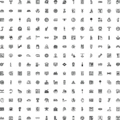 Fototapeta premium Large collection of varied black and white line art icons depicting everyday objects, symbols, and concepts suitable for user interfaces, web design, or infographics
