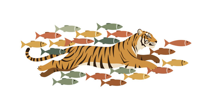 Tiger swimming with fish