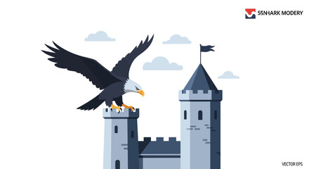 Fototapeta premium Eagle landing on castle tower