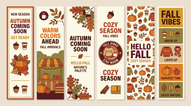 Autumn vertical banner set with cozy fall vibes, seasonal marketing web headers with pumpkins and leaves, flat vector autumn sale collection