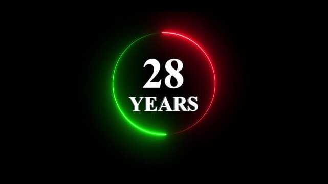 28 years anniversary celebration neon circle motion glowing red and green ring countdown timer, milestone event intro for social media