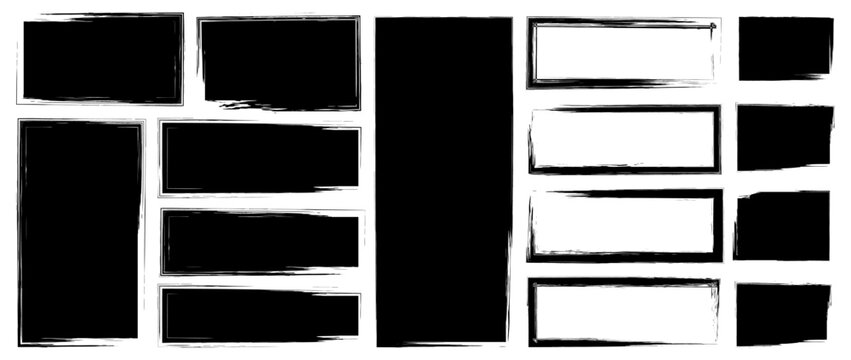 Set of rectangle brush stroke, grunge jagged rectangle shape, paint brush grunge border frame, ink paint brush. Rectangle grunge boxes, collage, text, banner, sticker, poster design for social media.