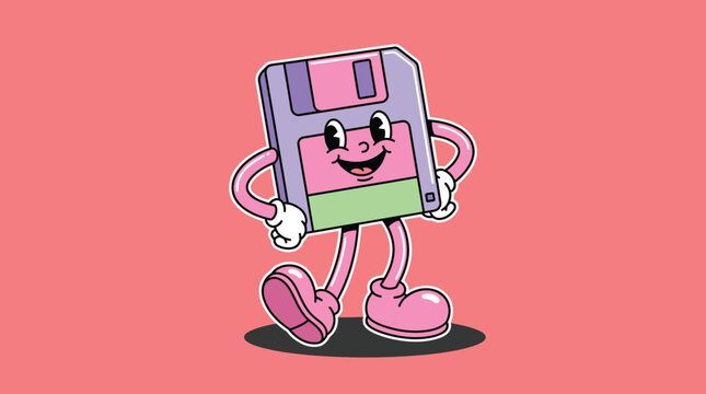 Cartoon Floppy Disk Character with Mickey Mouse Face.
