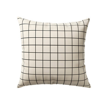 Square decorative cushion featuring a minimalist black grid pattern on a soft beige on transparent background