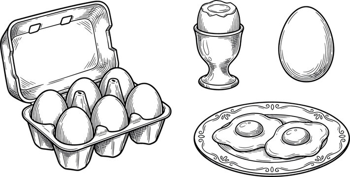 Hand drawn vintage engraving style vector illustration set of fresh whole eggs in carton box boiled egg in cup and fried eggs on plate isolated on white background
