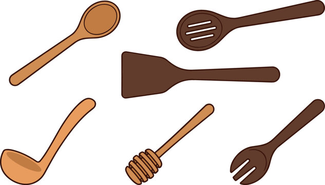 Wooden kitchen utensils vector set with cooking spoon slotted spoon spatula soup ladle honey dipper and serving fork isolated on white background