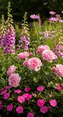 Fototapeta premium Colorful Garden with Pink and Purple Flowers in Bloom.