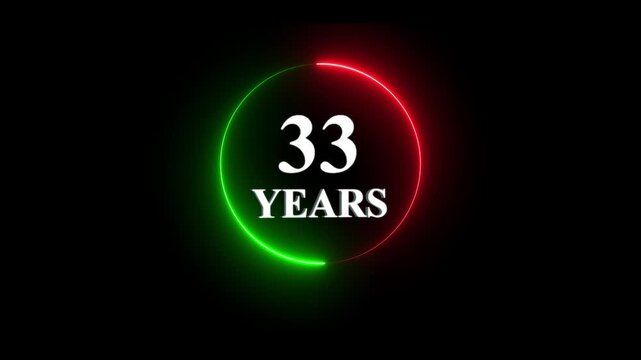 33 years anniversary neon circle motion glowing red and green light ring with typography for celebration, birthday, or business milestone event