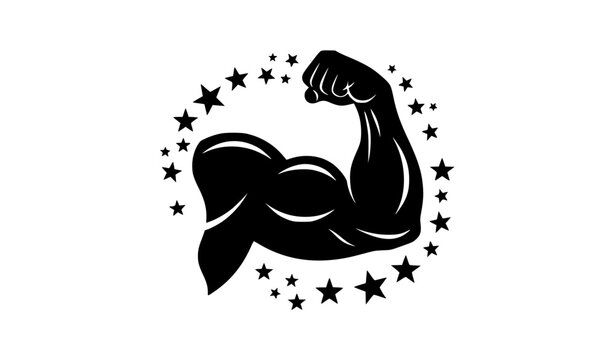 Muscular Flexing Arm Silhouette with Stars Vector