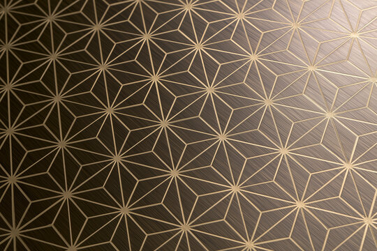 Traditional Japanese asanoha hemp leaf pattern in gold lines on dark background, Generative AI image
