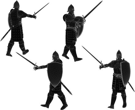 3D low poly graphic element collection featuring a fantasy crusader knight soldier equipped with standard battle armor, broad sword, and combat shield
