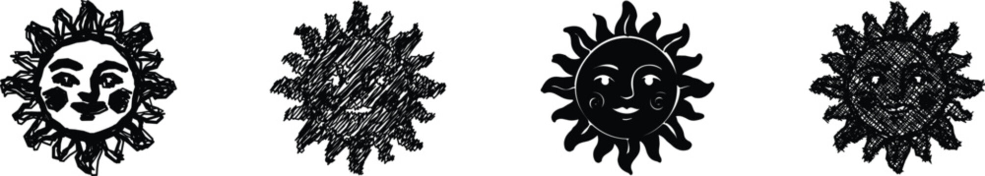 A set of four distinct sun illustrations, each featuring a human-like face and radiating rays, presented in black and white