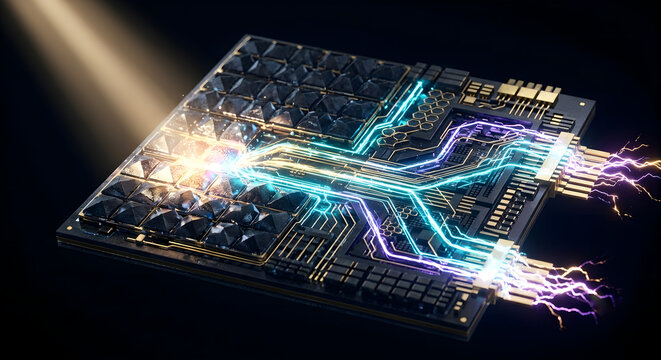 High-Tech Photovoltaic Microchip Converting Solar Light into Glowing Electrical Energy