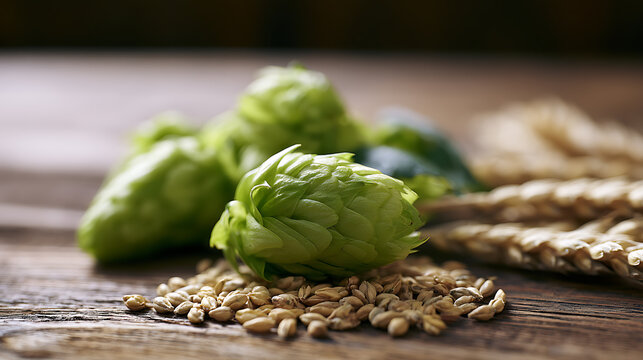 Fresh Green Humulus Lupulus Cones and Golden Cereal Grains Artfully Arranged on a Rustic Wooden Surface, Ideal for Beverage Production Themes