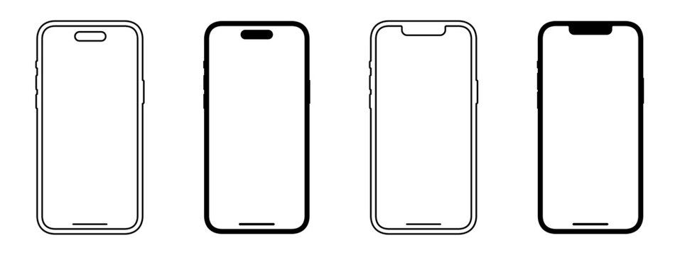 Smartphone icon set. Mobile phone, screen, frame, display, mockup, template, device symbol on transparent background - stock vector.