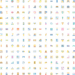 Fototapeta premium Large grid displaying a varied collection of colorful thin line icons, illustrating business, computing, daily life, science, travel, and abstract concepts for diverse applications