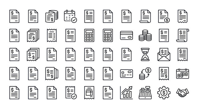 Business finance and accounting document line icons.