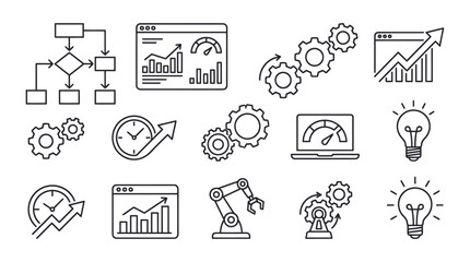 Fototapeta premium Business process automation and data analytics line icons.