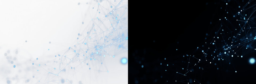 Abstract blue tech plexus overlay, twin glowing digital neural network lines on black and white background wide banner. horizontal cyber particle connections widescreen backdrop