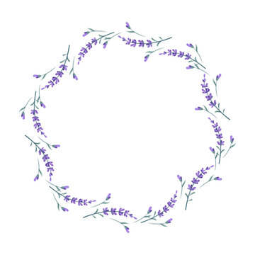  Lavender floral wreath vector frame isolated on white background. Hand drawn lavender circle border for wedding invitation and organic cosmetics label. Lavender flowers wreath in Provence style