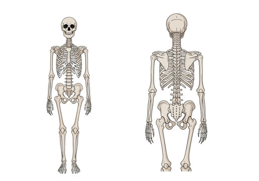 Anatomical illustration of human skeletons front and back views.