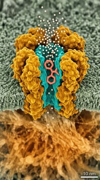 Ketamine molecule lodged inside open pore of nmda receptor, blocking sodium calcium ion flow through lipid bilayer membrane, demonstrating anesthetic action on neuronal level.