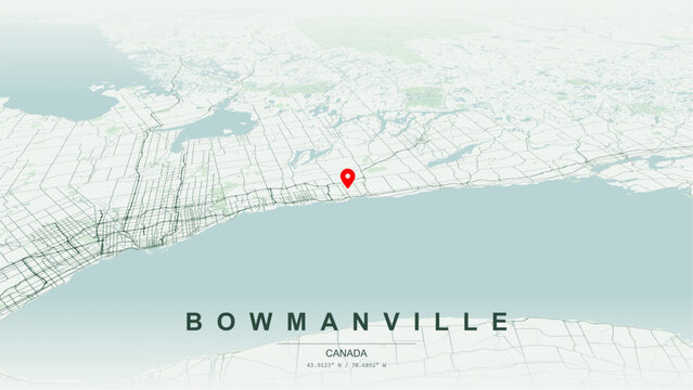 Modern minimalist vector map of Bowmanville, Ontario. High-quality scalable illustration of Bowmanville geographic boundaries, Lake Ontario shoreline for posters design.