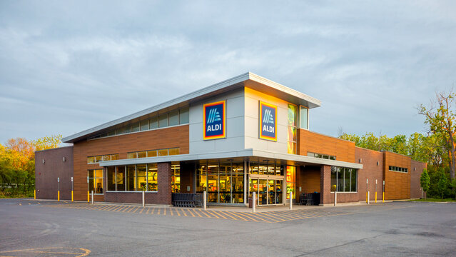 Ilion, NY - May 22, 2026: Golden-Hour ultra-wide exterior view of ALDI Markets grocery store, located at 5 Central Avenue, Ilion, NY 13357