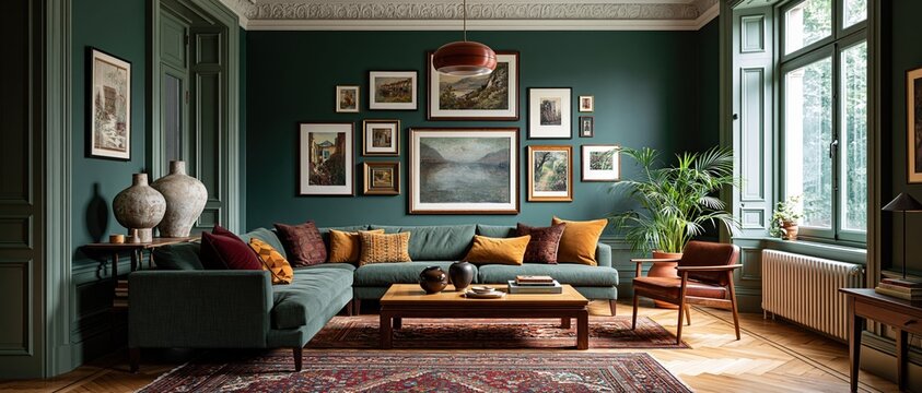Curated maximalist living space featuring deep teal walls, gallery art arrangement, velvet sectional, Persian rug, and warm amber accents. Ideal for interior design, luxury lifestyle, and.