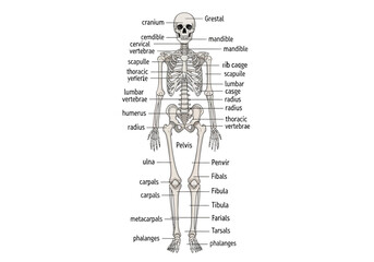 Anatomical Diagram of the Human Skeleton with Labeled Bones. © Jepry