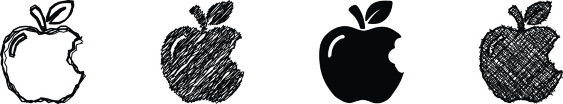 A set of four distinct apple icons, each with a bite taken out, rendered in various artistic and graphic styles