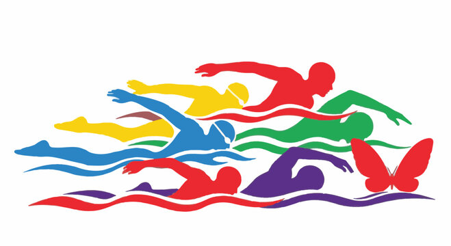 Vector illustration of multiple colorful overlapping swimmer silhouettes in motion, depicting various strokes and competitive racing with stylized waves on a clean white background.