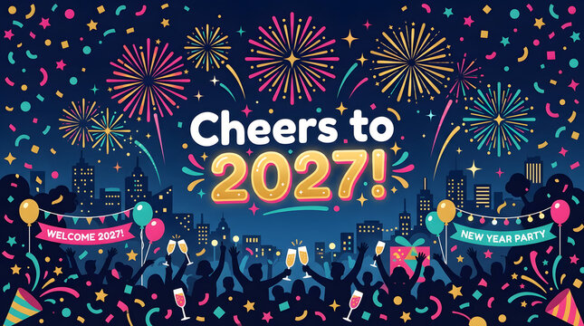 New year celebration with colorful confetti and 2027 text