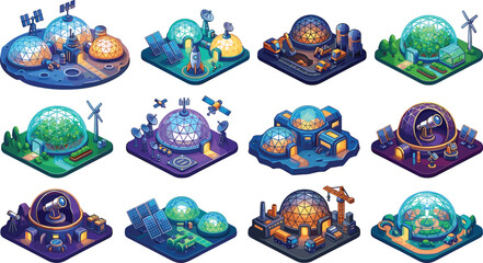 Isometric Space Colonization Vector Icon Set with SciFi Bio Domes Lunar Research Stations Telescopes Rocket Launchpads and Mars Habitat Base Infrastructure Designs © KP Studio