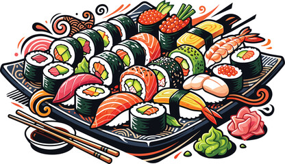 Japanese Sushi Platter Set with Salmon Nigiri Tuna Maki California Rolls Soy Sauce Wasabi and Chopsticks for Asian Restaurant Menu Design Vector © KP Studio