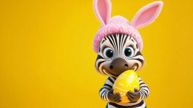 Cute cartoon zebra wearing bunny ears hat holds Easter egg.
