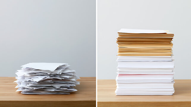 Two Contrasting Stacks of Paper on a Wood Desk: Unorganized Mess versus Neatly Organized Documents, Representing Chaos and Order