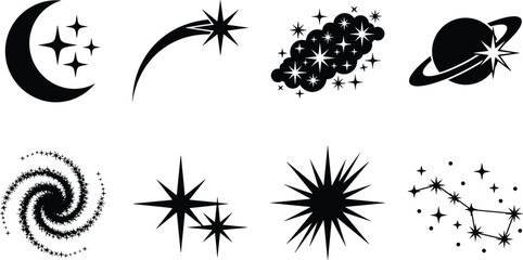 Space astronomy and celestial elements black silhouette icon set vector illustration isolated on white background © MdOsiar