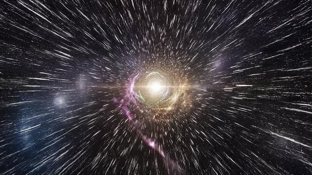 Bright glowing star with colorful cosmic nebula and dynamic light streaks in deep space