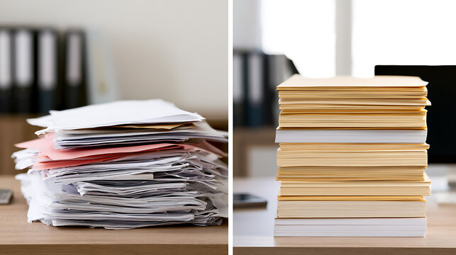 Two contrasting stacks of documents on a desk: one messy pile of papers and a neat, organized stack of files and envelopes